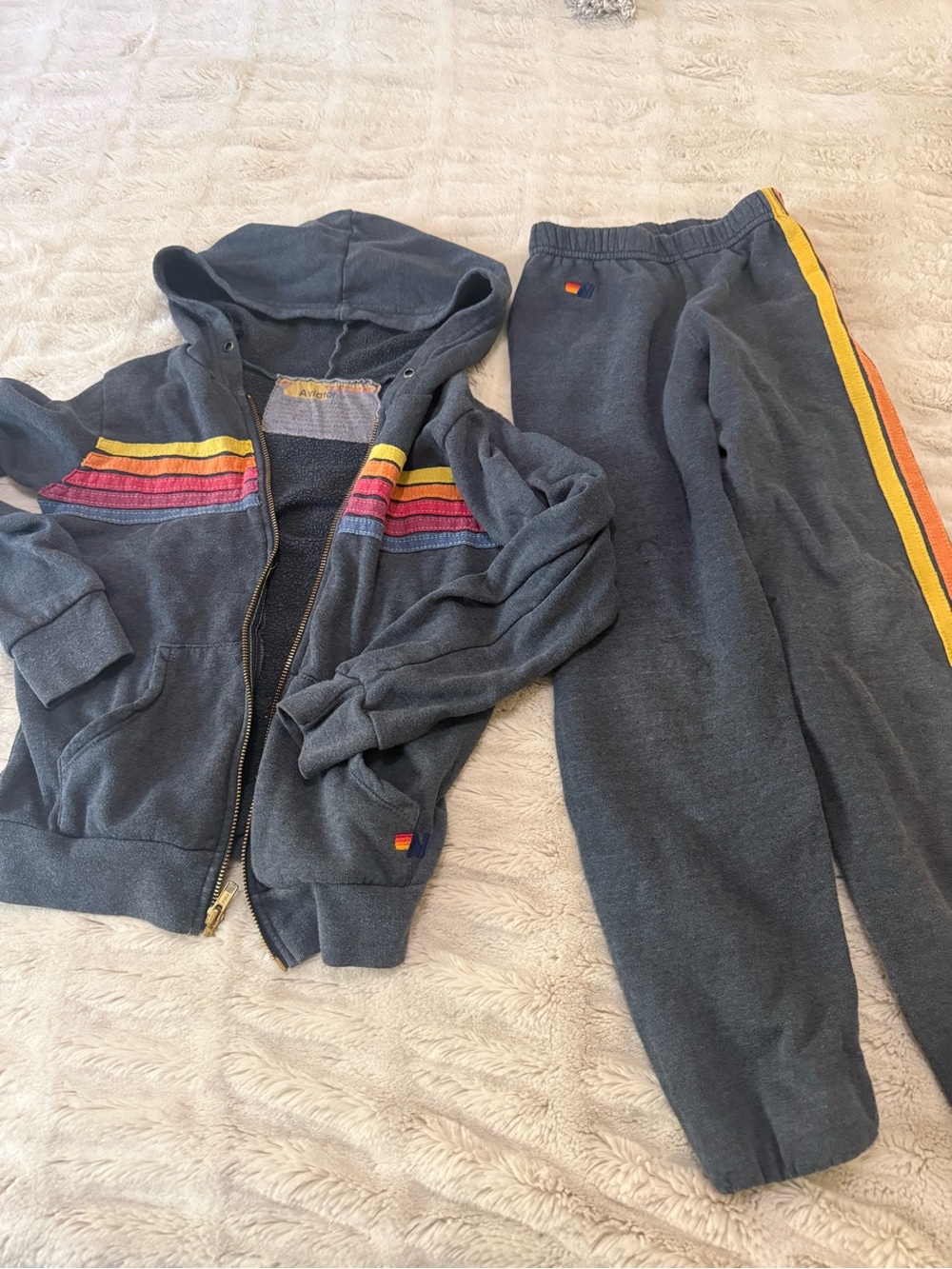 Aviator Nation Charcoal Kids Sweatpants & Zip Hoodie with Rainbow Stripes